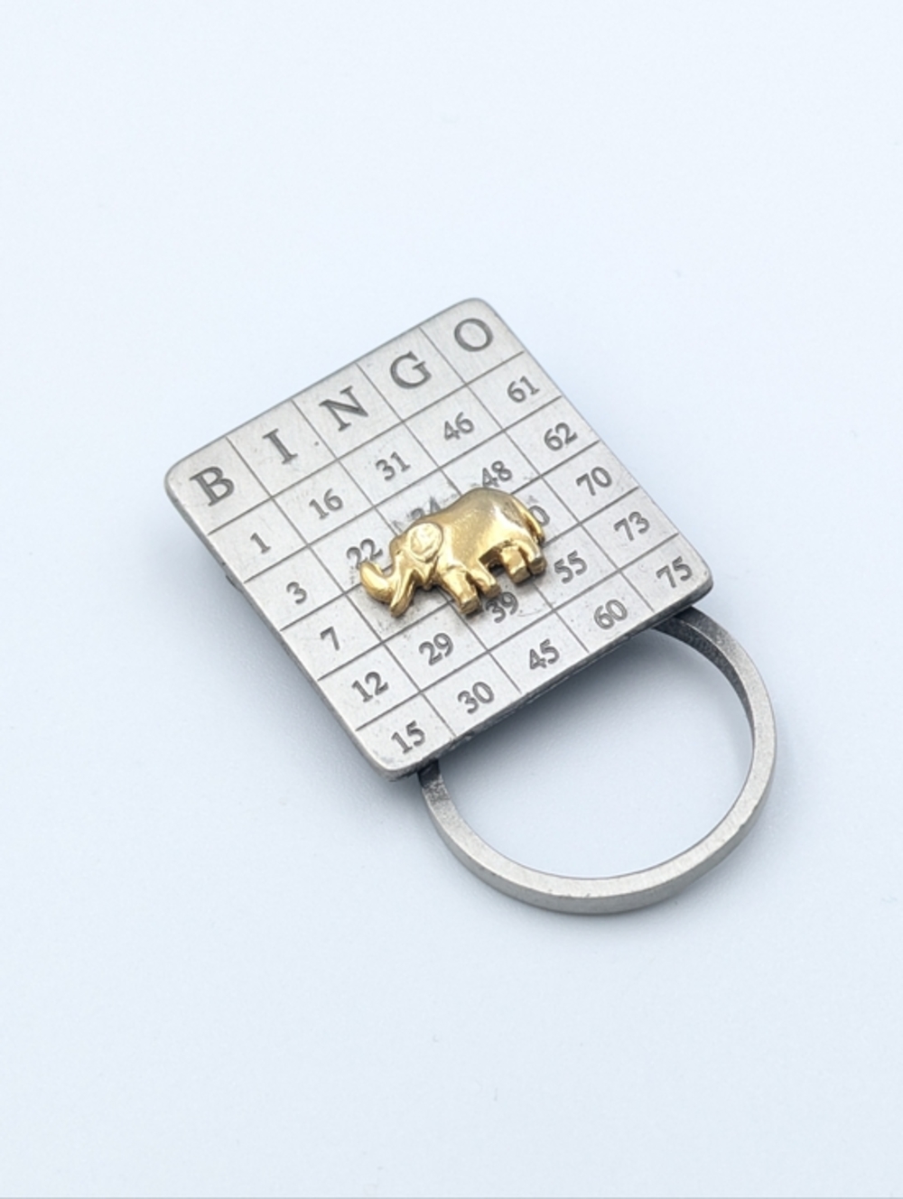 Vintage Bingo Card Eyeglass Holder Brooch Pin Pewter Gold Tone Elephant